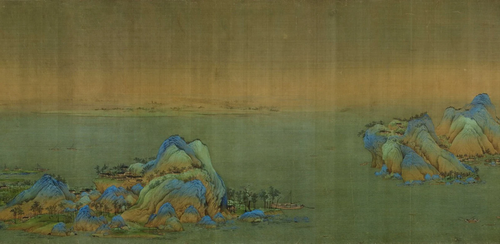 千里江山图局部，青绿山峦与江水